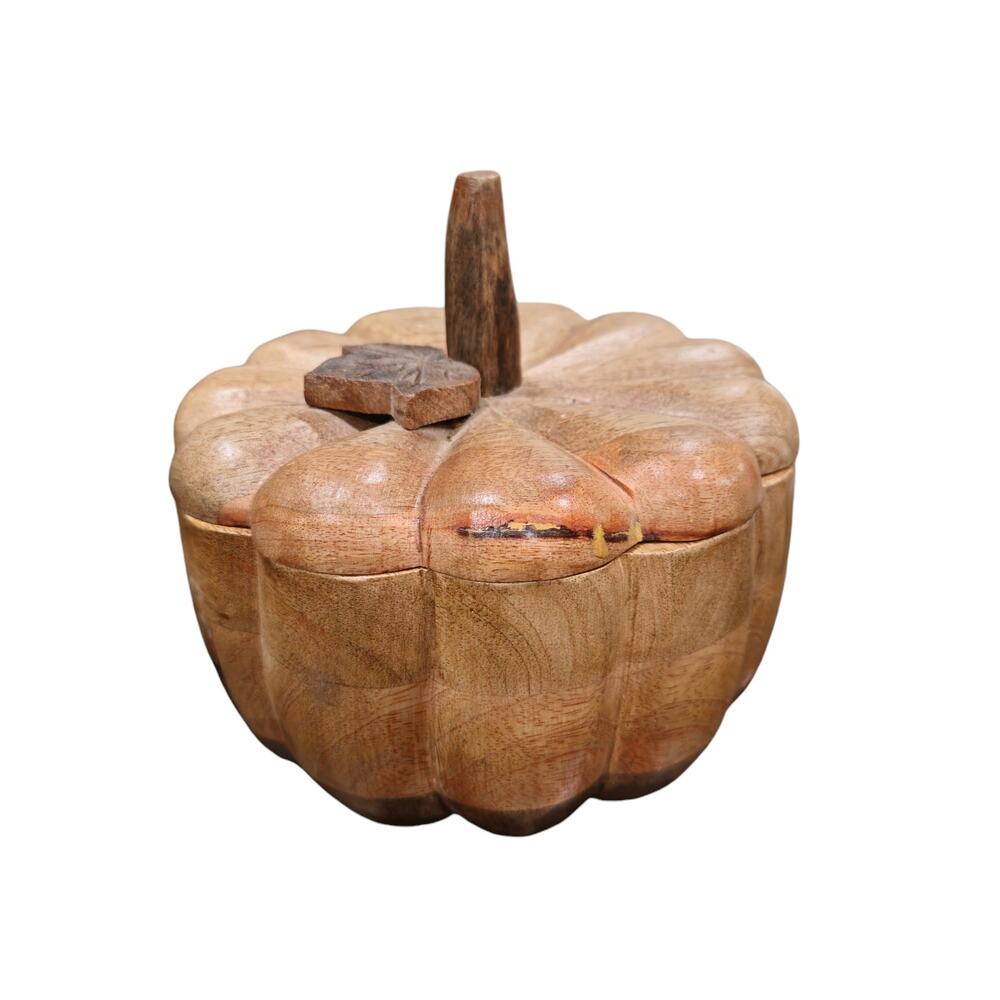 Wooden Pumpkin carved with lid‎  4.5 " Candy Dish Brown